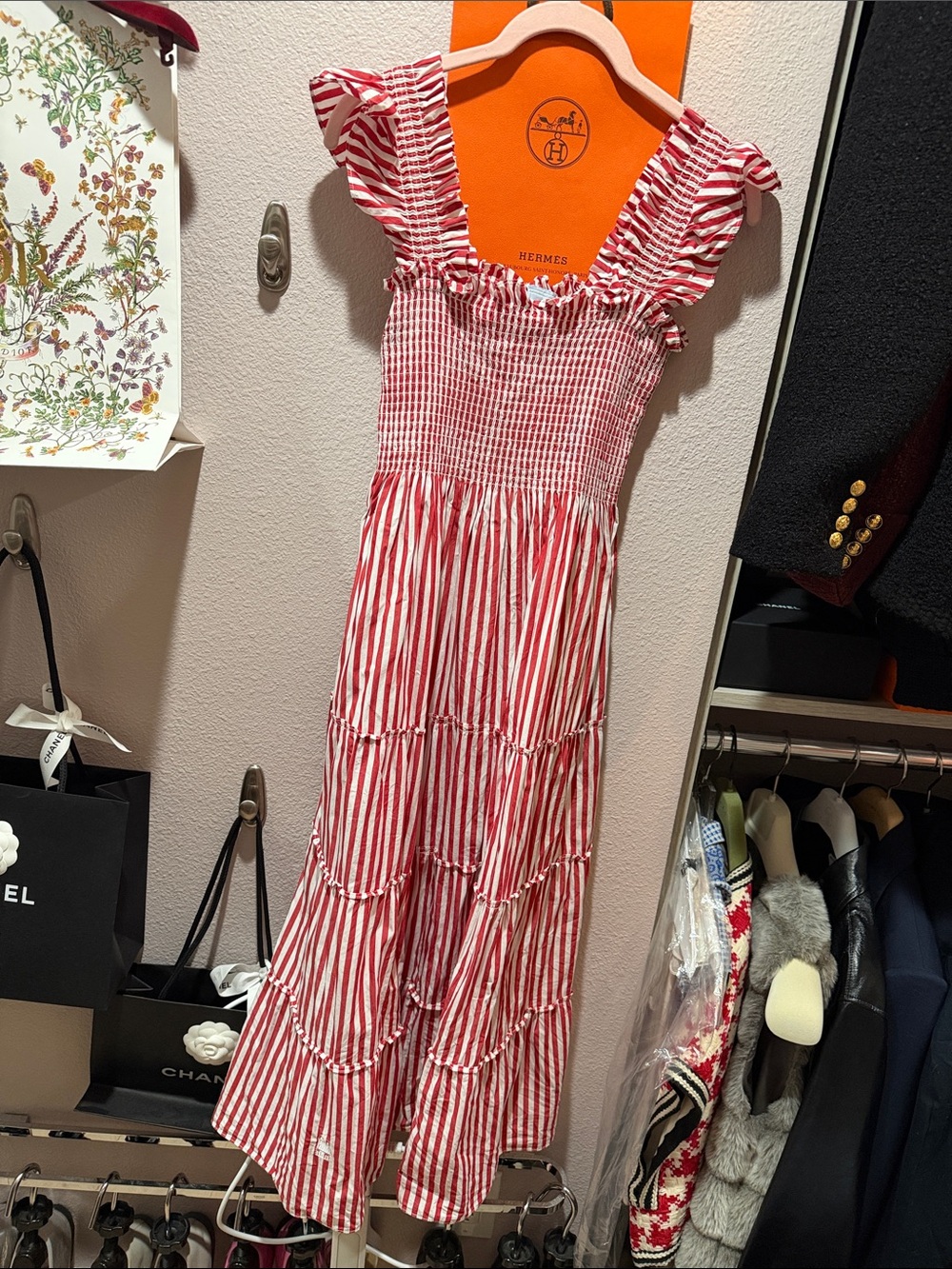 Hill House Red and White Smocked Ellie Midi Dress